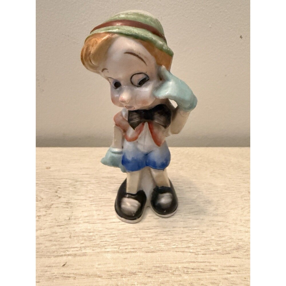 Vintage Japan Ceramic Boy Figurine Wooden Puppet Style Shelf Decor Figure 4.5"